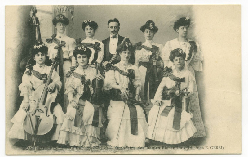 Carte postale ancienne Grand café des voyageurs  (Saint-malo) - Orchestre de dames florentines. (Direstion E. Gerbi)