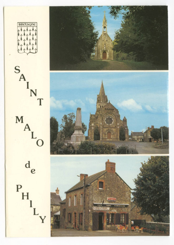Carte postale ancienne En Bretagne 35 Saint-Malo-De-Phily. Chapelle de Mont Serat érigée en 1879. L'église. Le tabac café alimentation.