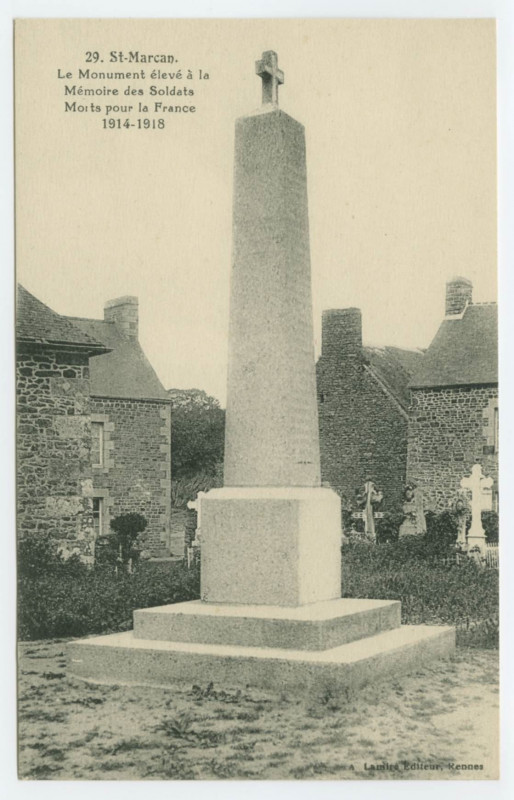 Carte postale ancienne 29. St-Marcan. Le Monument élevé à la Mémoire des Soldats Morts pour la France 1914 - 1918.