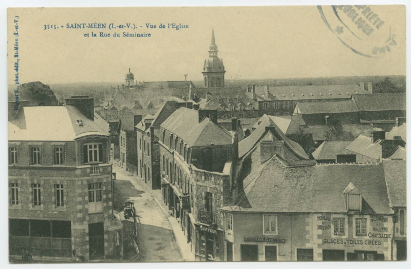 Carte postale ancienne 3515. - Saint-Meen (I.-et-V.) - Vue de l'Eglise et la Rue du Séminaire.
