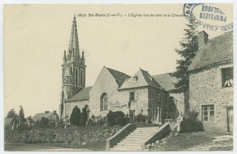 Carte postale ancienne 2653. St-Pern  (I.-et-V.) - L'Eglise vue de côté et le Cimetière.