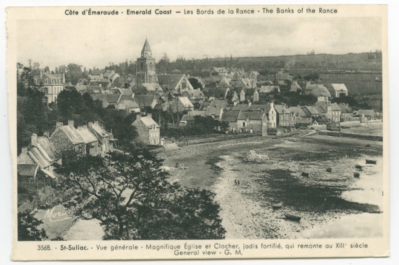 Carte postale ancienne 3568 - St-Suliac. - Vue Generale  -Magnifique Eglise et Clocher, jadis fortifié, qui remonte au XIIIè siècle. General view. G.M.