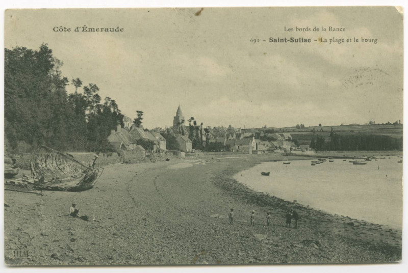 Carte postale ancienne 691 - Saint-Suliac - La plage et le bourg.