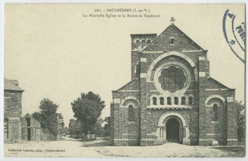 Carte postale ancienne 687. - Saulnieres (I.-et-V.) - La Nouvelle Eglise et la Route de Tresboeuf
