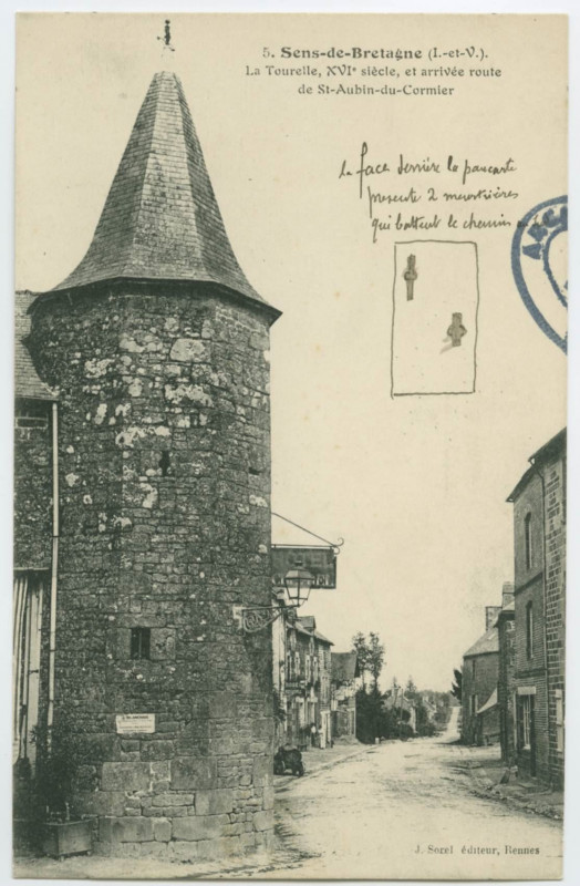 Carte postale ancienne 5. - Sens-de-Bretagne (I.-et-V.). - La Tourelle, XVIe siècle, et arrivée route de St-Aubin-du-Cormier.