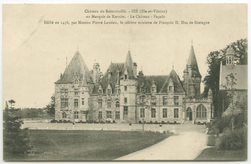 Carte postale ancienne Château du Boiscornillé. - Ize (Ille-et-Vilaine) au Marquis de Kernier. - Le Château - Façade. Edifié en 1458, par Messire Pierre Landais, le cé