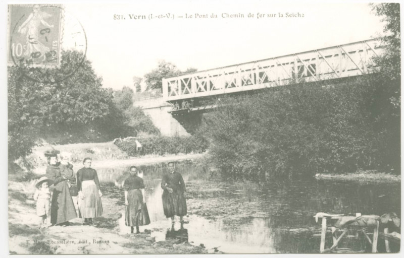 Carte postale ancienne 831- Vern (I.-et-V.) - Le Pont du chemin de fer sur la Seiche
