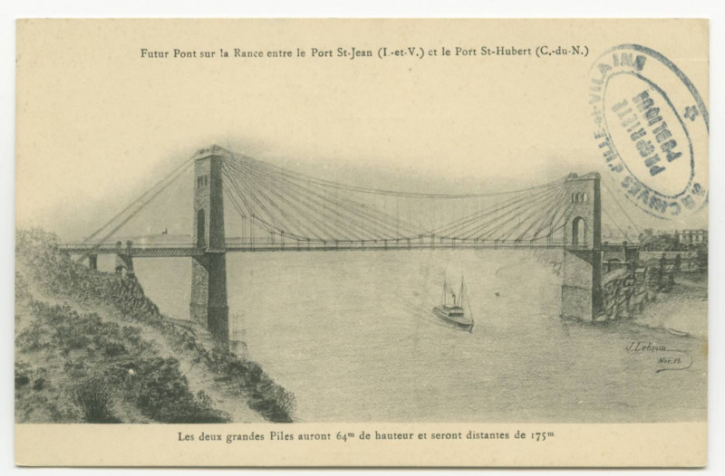 Carte postale ancienne Futur Pont sur la rance entre le Port St-Jean (I.-et-V.) et le Port St-Hubert (C.-du-N.). Les deux grandes Piles auront 64m de hauteur et seront dista