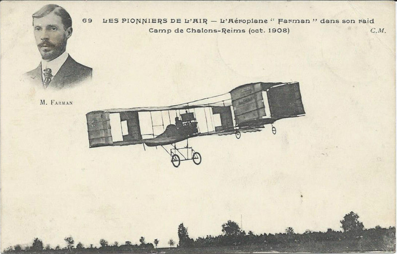 Carte postale ancienne Aeroplane Farman au camp de Chalons 1908