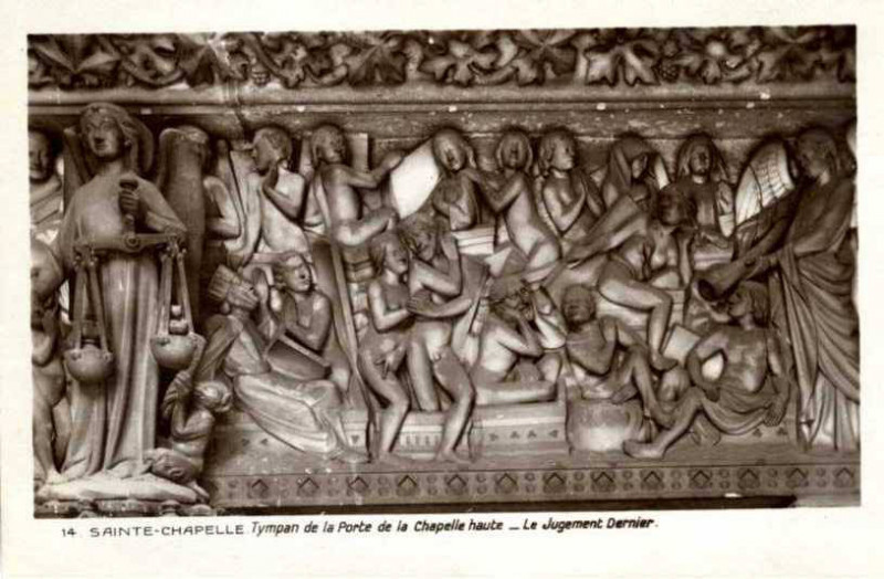 Carte postale ancienne 14, Sainte-Chapelle, Tympan de la Porte de la Chapelle haute, Le Jugement Dernier (NBY 5409)