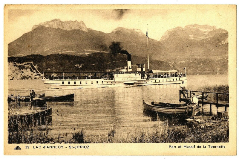 Carte postale ancienne Haute-Savoie Lac d' Annecy St-Jorioz Port et Massif de la Tournette animé à Annecy