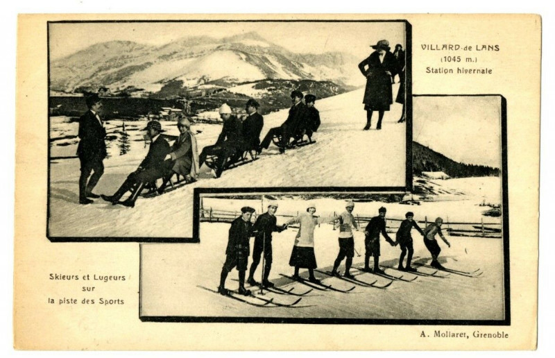 Carte postale ancienne Isère Villard-de-lans Sports d'hiver Skieurs et Lugeurs animé à Villard-de-Lans