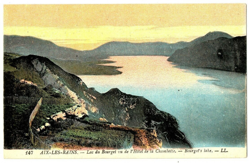 Carte postale ancienne Savoie Aix-les-Bains Lac du Bourget  vu de l'Hôtel de la Chambotte à Aix-les-Bains