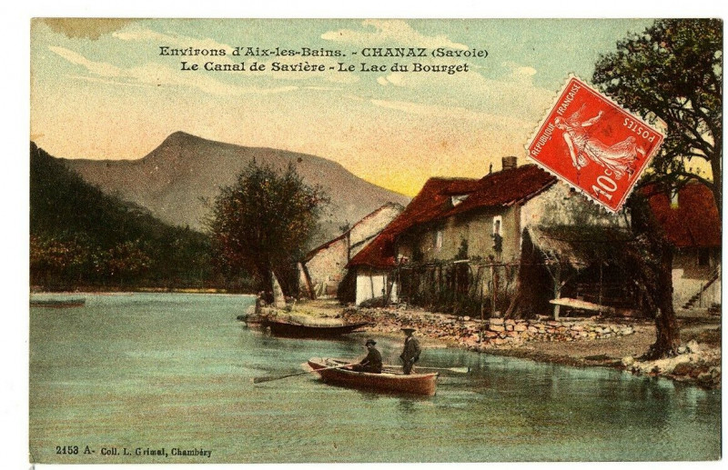 Carte postale ancienne Savoie Chanaz Le Canal de Savière Lac du Bourget animé bateau à Chanaz
