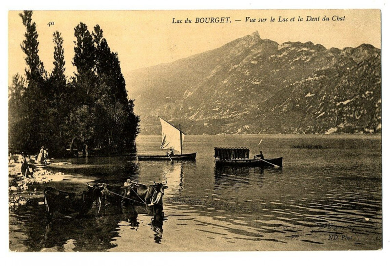 Carte postale ancienne Savoie Lac du Bourget Vue sur le lac et la Dent du Chat animé bateaux