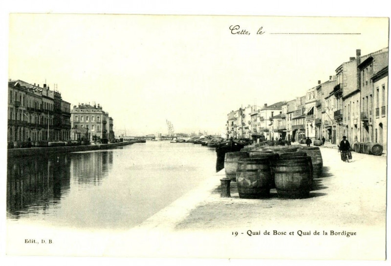 Carte postale ancienne Herault Sète Quai de Bosc et quai de la Bordigue à Sète