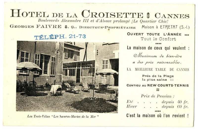 Carte postale ancienne Alpes-Maritimes Cannes Hôtel de la Croisette carte Publicitaire à Cannes
