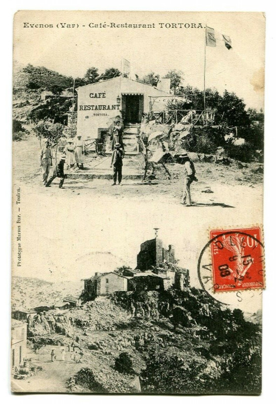 Carte postale ancienne Var Evenos Café-Restaurant Tortora animé à Évenos