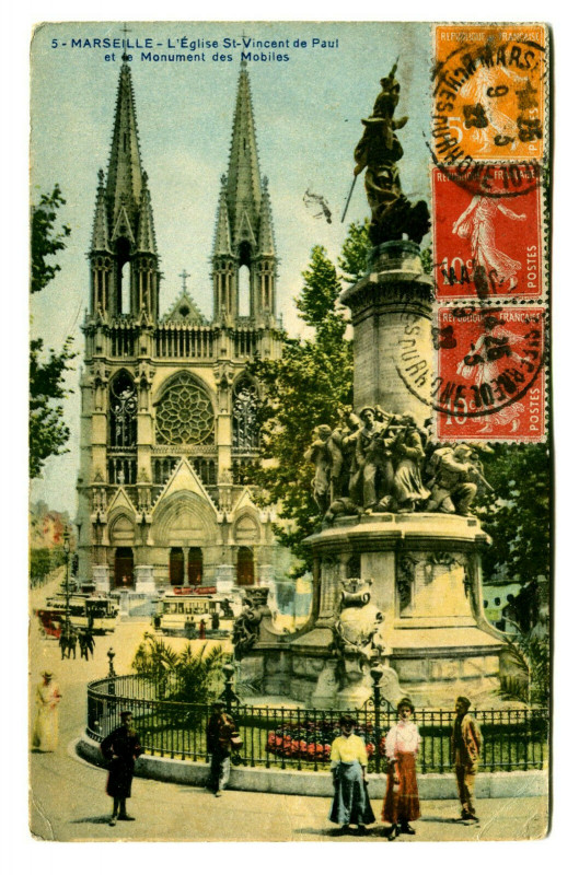 Carte postale ancienne Bouche-du-Rhône Marseille Eglise St-Vincent-de-Paul Monument des Mobiles à Marseille