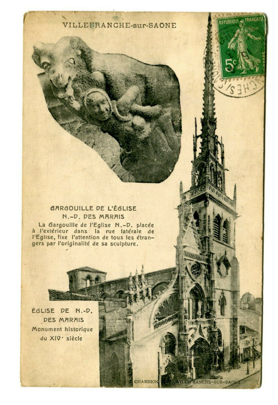 Carte postale ancienne Rhône Villefranche-sur-Saône Eglise Notre-Dame des Marais Gargouille à Villefranche-sur-Saône