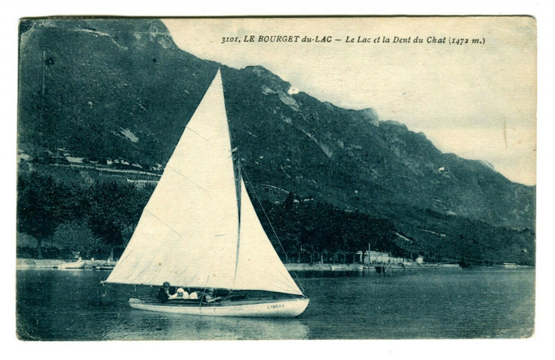 Carte postale ancienne Savoie Lac du Bourget et Dent du Chat animé barque