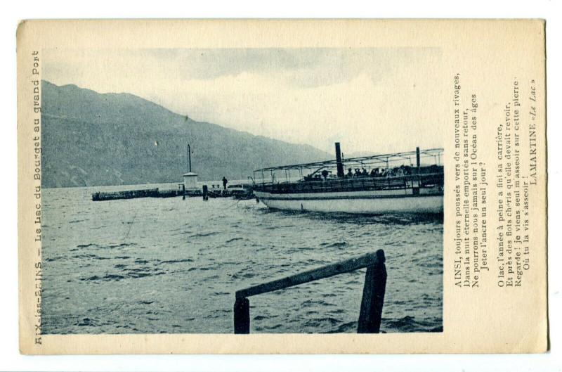Carte postale ancienne Savoie Aix-les-Bains Lac du Bourget Au Grand Port poème Lamartine à Aix-les-Bains