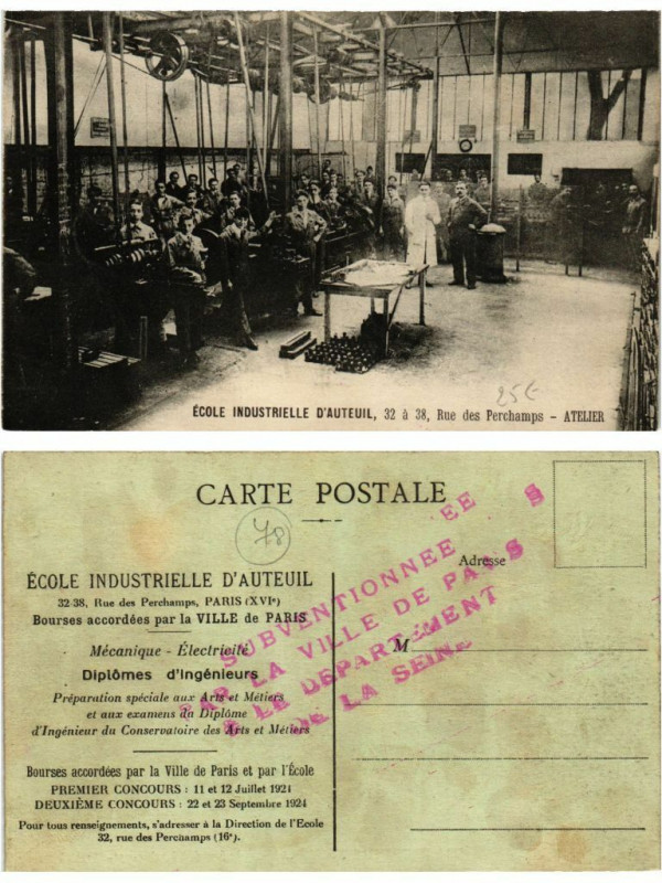Carte postale ancienne Ecole industrielle d'Auteuil - Rue des Perchamps - Atelier à Paris 16e