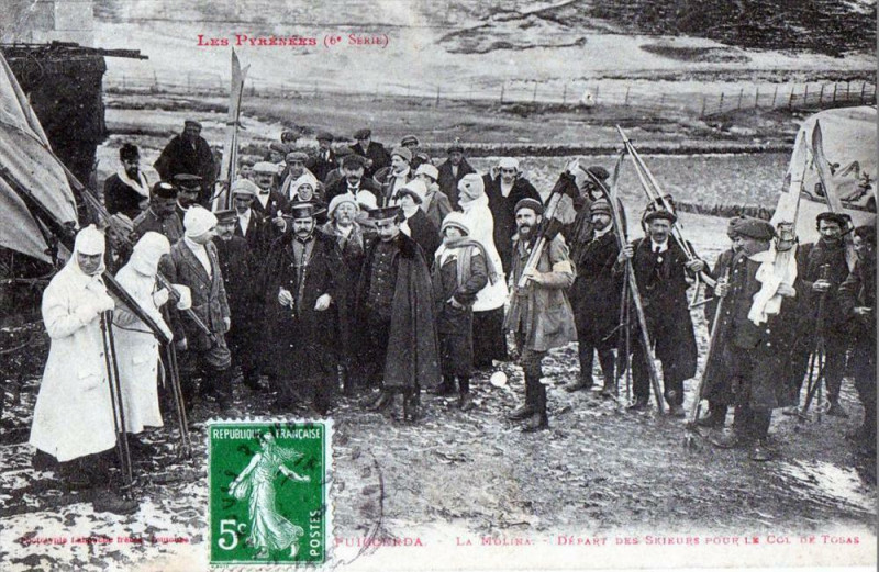 Carte postale ancienne Puigcerda La Molina Depart Des Skieurs Pour Le Col De Tosas (Superbe Anim à Ur