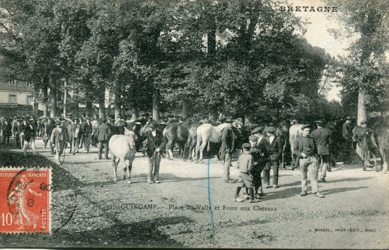 Carte postale ancienne Guingamp Place Du Vally Et Foire Aux Chevaux (Tres Belle Animation à Guingamp