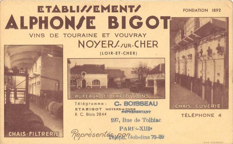 Carte postale ancienne Noyers Sur Cher Etablissement Alphonse Bigot Vins De Touraine Et Vouvray à Noyers-sur-Cher