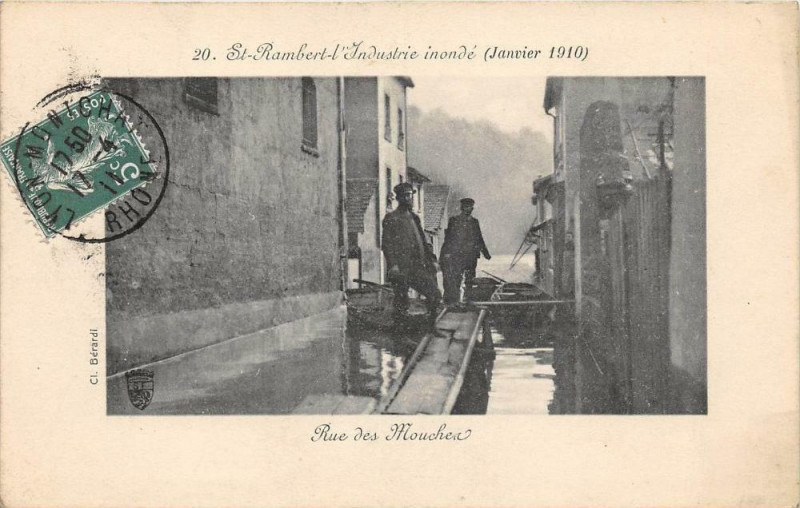 Carte postale ancienne Lyon Saint Rambert L'Industrie Inonde 1910 Rue Des Mouches (cpa pas coura à Lyon