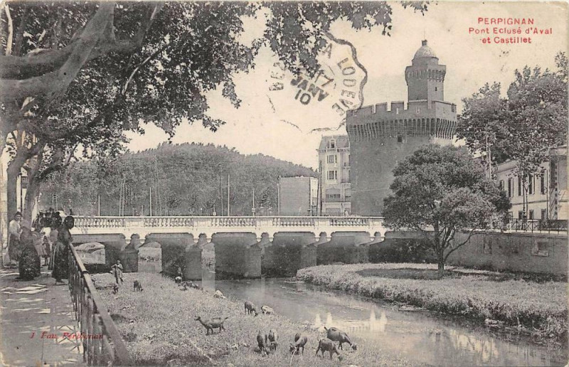 Carte postale ancienne Perpignan Pont Ecluse D'Aval Et Castillet (avec les chevres à Perpignan