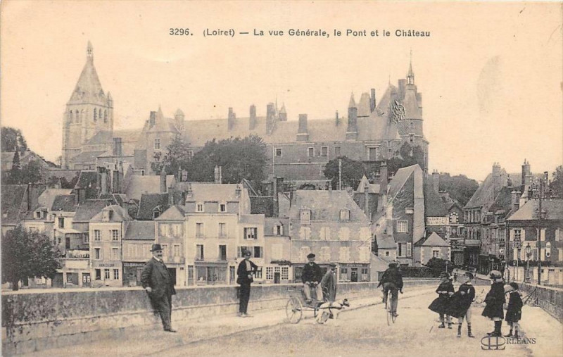 Carte postale ancienne Loiret La Vue Generale Le Pont Et Le Chateau ( Vue D'Un Homme Avec Attela