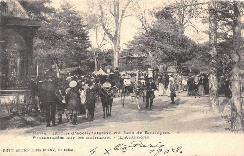 Carte postale ancienne Jardin d'acclimatation du Bois de Boulogne - Promenades sur les animaux - L'Autruche à Neuilly-sur-Seine