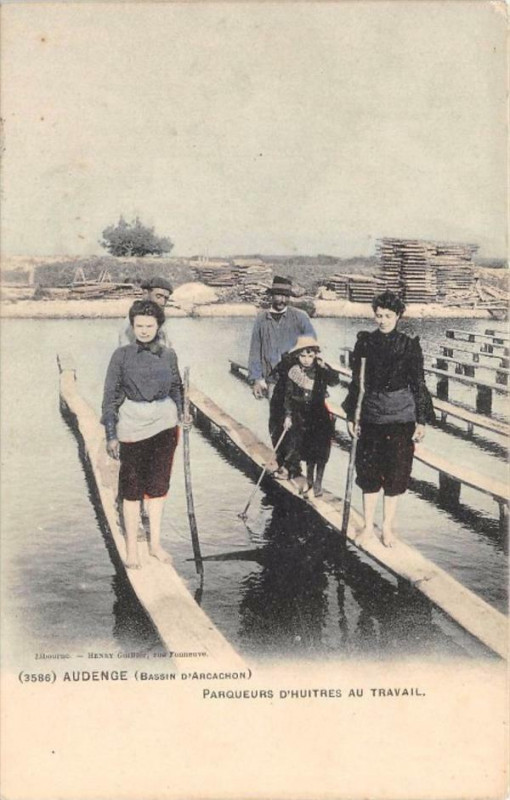 Carte postale ancienne Audenge Parqueuses D'Huitres Au Travail (cliché colorisé pas courant à Audenge