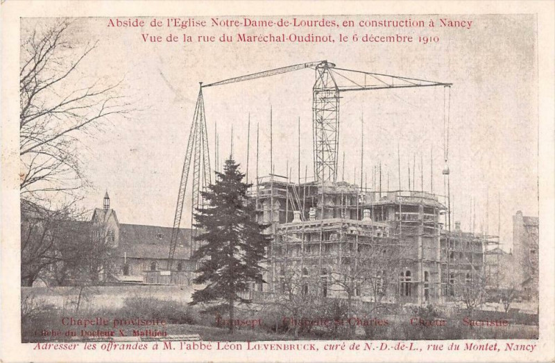 Carte postale ancienne Nancy Abside De L'Eglise Notre Dame De Lourdes En Construction Vue De La à Nancy