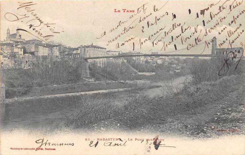Carte postale ancienne Rabastens Le Pont Suspendu (dos non divisé) à Rabastens