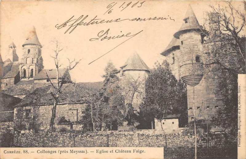 Carte postale ancienne Collonges Eglise Et Chateau Faige (dos non divisé)