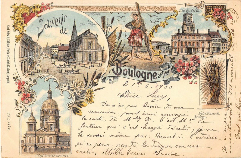 Carte postale ancienne Souvenir De Boulogne Sur Mer (cpa précruseur type gruss par Kunzli à Boulogne-sur-Mer