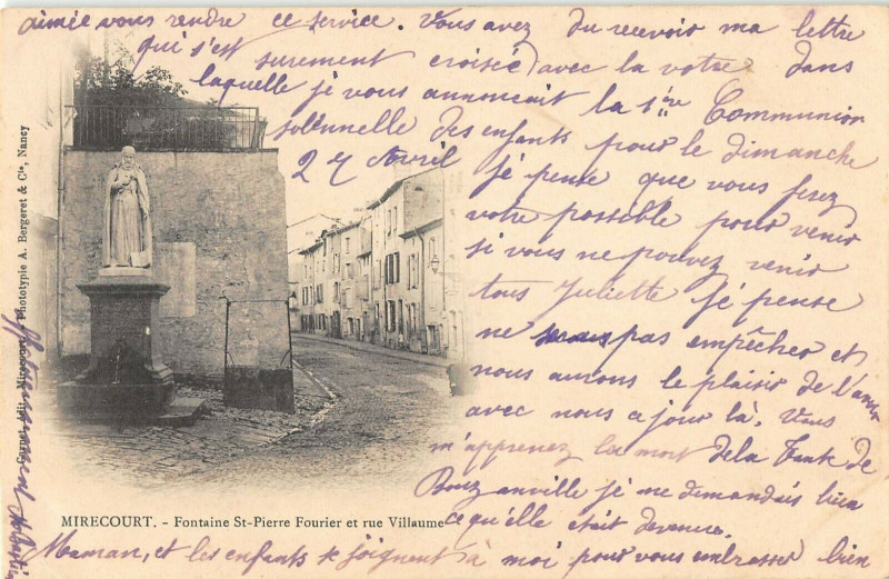Carte postale ancienne Mirecourt Fontaine Saint Pierre Fourier Et Rue Vuillaume à Mirecourt