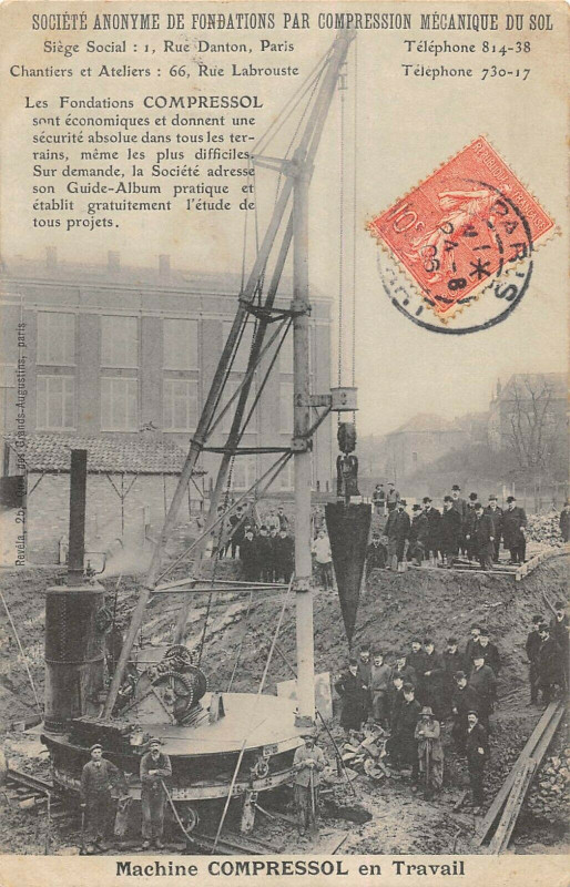 Carte postale ancienne Société anonyme de fondations par compression mécanique du sol - Machine Compressol en travail à Paris 6e