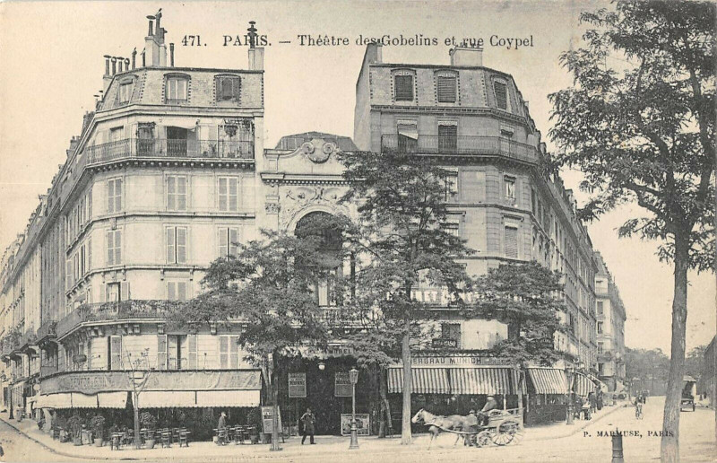 Carte postale ancienne Théâtre des Gobelins et rue Coypel à Paris 13e