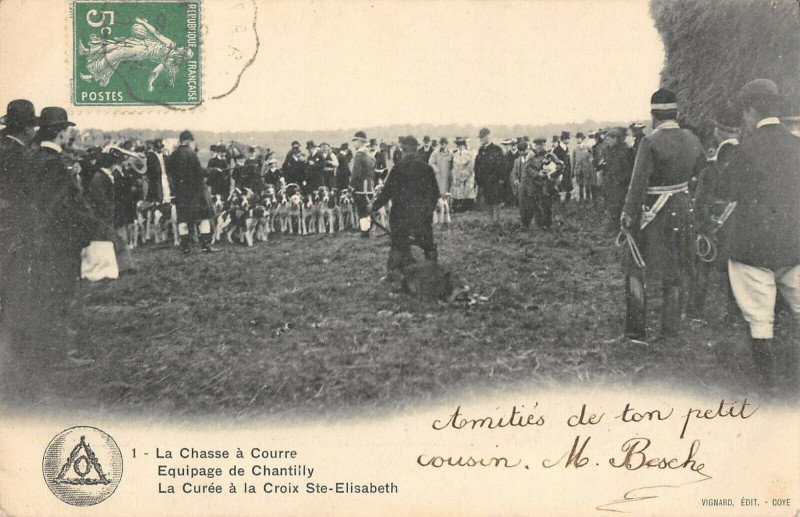 Carte postale ancienne La Chasse A Courre Equipage Chantilly La Curee A La Croix Sainte-Elisabeth à Chantilly