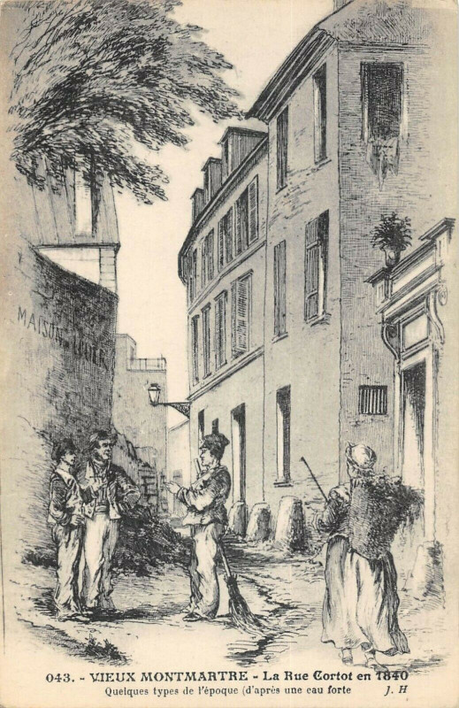 Carte postale ancienne Vieux-Montmartre - La rue Cortot en 1840 - Quelques types de l'époque à Paris 18e