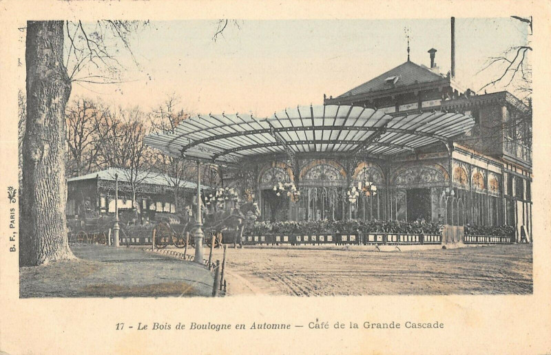 Carte postale ancienne Le Bois de Boulogne en Automne - Café de la Grande Cascade à Paris 16e