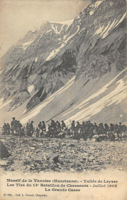 Carte postale ancienne Massif Vanoise Maurienne Vallee Leysse Les Tirs Du 13e Chasseurs 1908