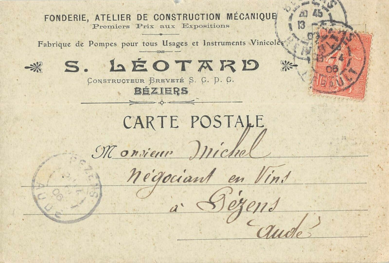 Carte postale ancienne Beziers S.leotard Fonderie Atelier De Construction Mecanique Pompes à Béziers