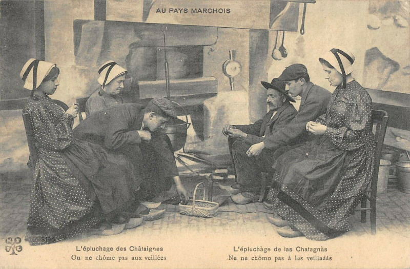 Carte postale ancienne Au Pays Marchois Epluchage Des Chataignes