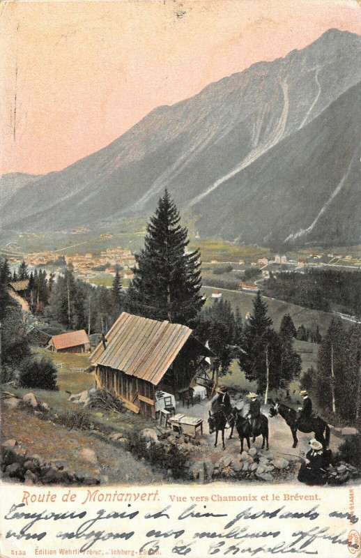 Carte postale ancienne Route De Montanvert Vue Vers Chamonix Et Le Brevent à Vers