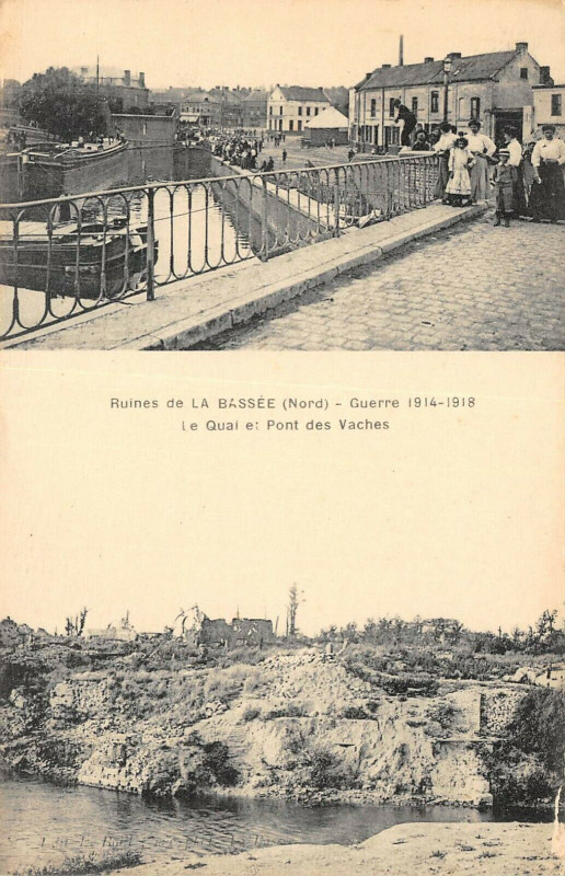 Carte postale ancienne Ruines De La Bassee Le Quai Et Pont Des Vaches